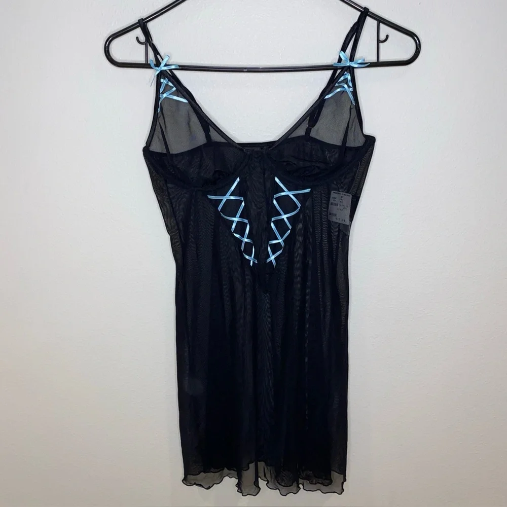 Frederick's of Hollywood Black and Blue Mesh Babydoll Lingerie‎ M Underwire NWT